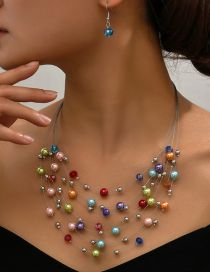 Fashion Color Pearl Crystal Beaded Layered Necklace And Earrings Set