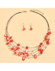 Fashion Red Alloy Crystal Shell Beaded Multilayer Necklace Earrings Set