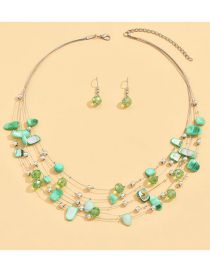 Fashion Green Alloy Crystal Shell Beaded Multilayer Necklace Earrings Set