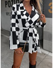 Fashion Black And White Grid Polyester Check Lapel Tie Jacket
