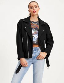 Fashion Black Lapel Zip Long Sleeve Jacket