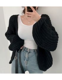 Fashion Black Solid Color Balloon Sleeve Knit Cardigan Jacket