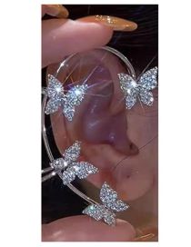 Fashion Silver Pair Metal Diamond Butterfly Earrings