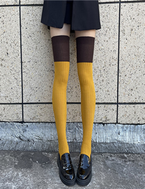 Fashion Up Coffee And Down Yellow Color Block Knee High Socks