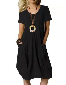 Fashion Black Cotton Linen Solid Color Round Neck Short Sleeve Dress