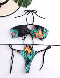 Fashion Color Polyester Print Halterneck Tie Swimsuit