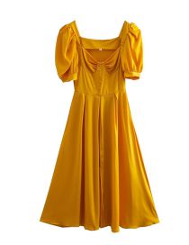 Fashion Yellow Polyester Square Neck Puff Sleeve Dress