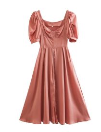 Fashion Flesh Pink Polyester Square Neck Puff Sleeve Dress