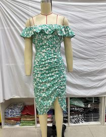 Fashion Green Ruffled Polyester Printed Off-shoulder Dress