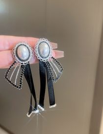 Fashion Black Alloy Diamond Oval Pearl Bow Earrings