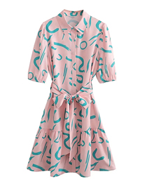 Fashion Printing Polyester Print Lace Lapel Dress