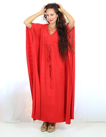 Fashion 4# Big Red Polyester V Neck Drawstring Beach Dress