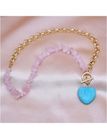 Fashion Blue Alloy Gravel Stitching Chain Heart Turquoise Ot Buckle Necklace