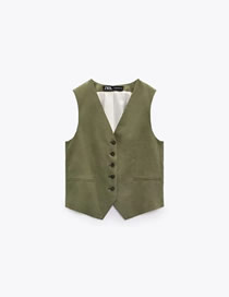 Fashion Green Linen Breasted Vest Jacket