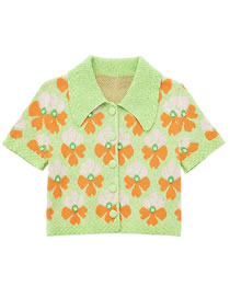 Fashion Green Floral Jacquard-knit Lapel Top