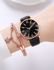 Fashion Black + Bracelet Alloy Diamond Round Dial Watch
