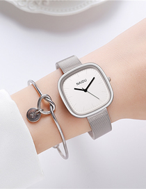Fashion Silver Belt White Face + Bracelet Pu Square Belt Watch