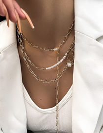 Fashion Gold Geometric Pearl Panel Chain Layer Necklace