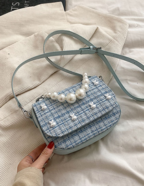 Fashion Blue Wool Check Pearl Handbag Messenger Bag