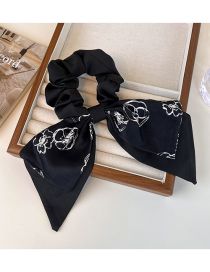Fashion B Black Camellia Fabric Print Bow Ribbon Ruffled Hair Tie
