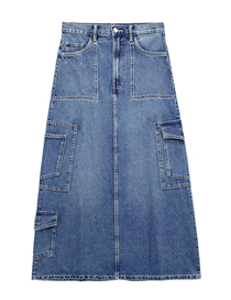 Fashion Denim Blue Denim Multi -pocket Skirt