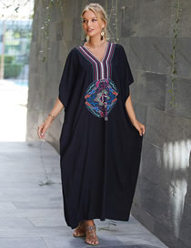Fashion Black Cotton Embroidered V-neck Sun Dress