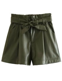 Fashion Green Faux Leather Lace-up Shorts