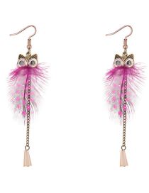 Fashion Rose Red Geometric Owl Feather Tassel Drop Earrings