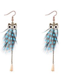 Fashion Blue Geometric Owl Feather Tassel Drop Earrings