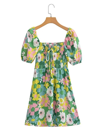 Fashion Color Polyester Printed Square Neck Puff Sleeve Dress