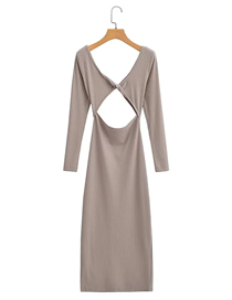 Fashion Coffee Color Polyester V-neck Tie Cutout Knit Dress