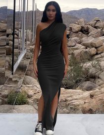 Fashion Black Pure -colored Pleated Tweezer Split Dress