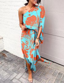 Fashion Green Bottom Orange Blossom Polyester Print Shoulder Split Dress