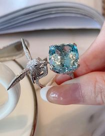 Fashion Silver Geometric Square Diamond Seagull Opening Ring