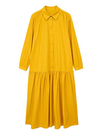Fashion Yellow Cotton Lapel Buckle Pleated Dress
