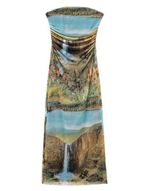 Fashion Color Net Yarn Printed Fold Spoil Duice Dress