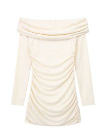 Fashion White Polyester Folds Shoulder Long -sleeved Dress