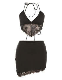 Fashion Black Hanging Neck Lace -back Small Vest Skirt Set