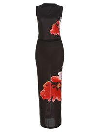 Fashion Black Sleeveless Printing Black Half Skirt Set