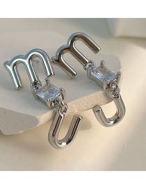 Fashion Silver Copper Inlaid Square Diamond Letter Earrings