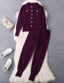 Fashion Purple Acrylic Buckle Round Neck Sweater Knitted Foot Trousers Suits