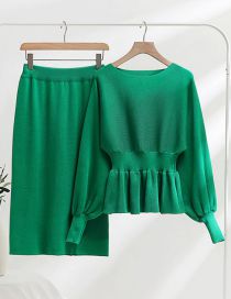 Fashion Green Acrylic Knitting Round Neck Waist Top Skirt Set