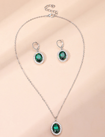 Fashion Dark Green Metal Inlaid Diamond Round Pendant Necklace Ears Set