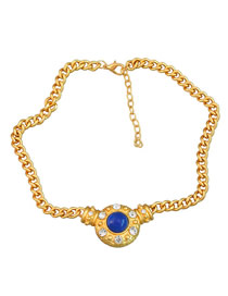 Fashion Blue Metal Inlaid Diamond Round Resin Necklace