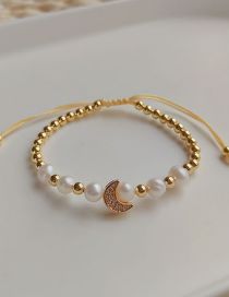 Fashion C Copper Gold -plated Pearl Beads Inlaid Diamond Moon Bracelet