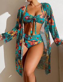 Fashion 4# Polyester Printed Lace Tie Split Swimsuit Three -piece Set