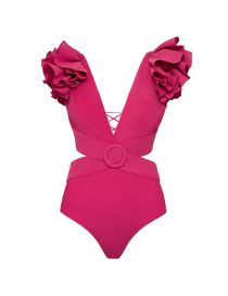 Fashion Pink Conjoined Swallow Suit Polyester V -neck Swimsuit