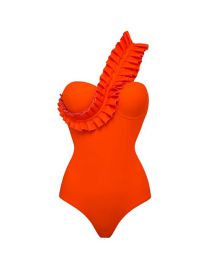 Fashion Orange -red Pure Color Lace Shoulder Conjoined Swimsuit