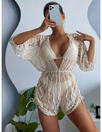 Fashion Off White Three -piece Set Of Solid Color Hanging Neck Split Swimsuit Mesh Mesh