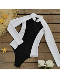 Fashion Black And White Polyester Color Stand -up Collar Zipper Conjoined Swimsuit